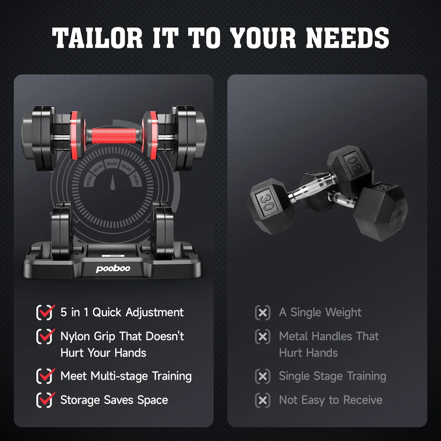 Pooboo 55LB Adjustable Dumbbells 15Lb to 55Lb Adjustable Dumbbells for Home Gym Exercise Equipment