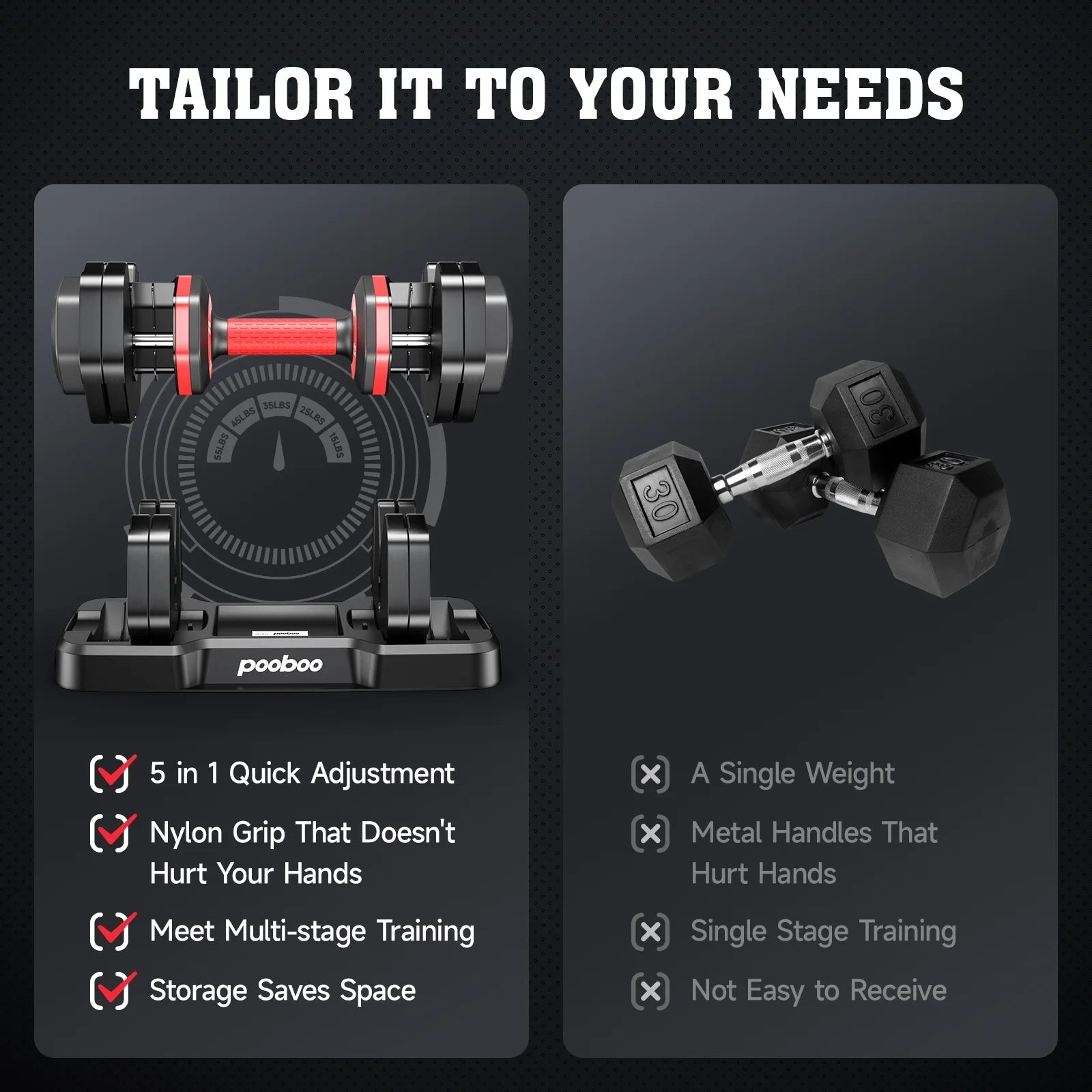 Pooboo 55LB Adjustable Dumbbells 15Lb to 55Lb Adjustable Dumbbells for Home Gym Exercise Equipment